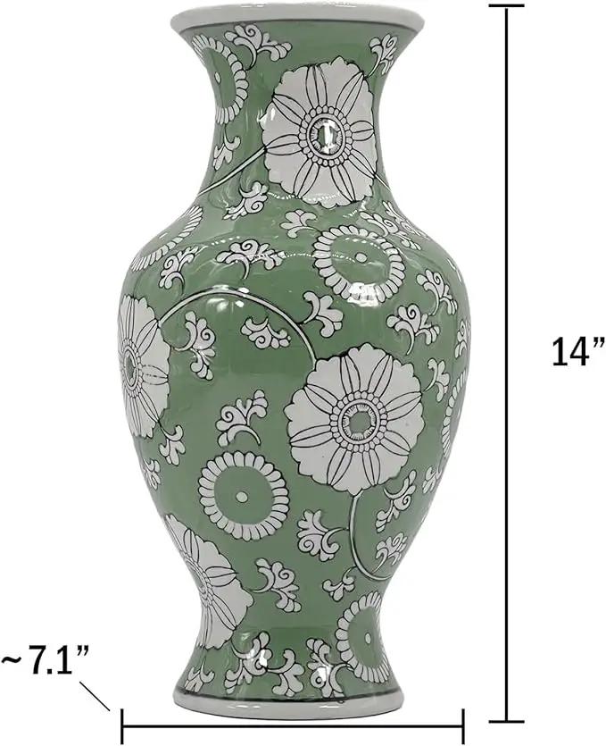 Galt International Floral Chinoiserie Ceramic Vase 14" - Hand Painted Antique Style Porcelain Flower Bottle Fishtail Porcelain Chinese Vase for Home Decor Centerpiece, photo 5 of 5