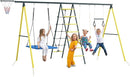 Outsunny 440 lbs Swing Set for Backyard, 5 in 1 Heavy-Duty A-Frame Stand Outdoor Playset for Kids, with Saucer Swing, Slide, Swing Seats, Gym Rings, Basketball Hoop, Climbing Steps and Net by TinyTreasures Baby Boutique