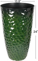Worth Garden 14" Dia x 24" H Large Plastic Planters with Drainage Hole, Set of 2 Hammered Texture Green Glossy Smooth Finish, Tall Round Decorative Flower Plant Pot for Indoor Outdoor, Front Porch by GreenHaven Gardens