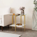 Square Glass End Table, Mid-Century Modern Design Sofa Table, for Living Room, L18 x W18 x H23, Clear Glass Top and White Marble MDF Shelf, Sleek Conical Metal Legs with Gold Finish by CozyNest Decor