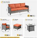 ovios 8 Pieces Patio Furniture Set with 30" Fire Pit Table, Outdoor Wicker Sofa with Comfy Cushions, All Weather High Back Rattan Couch Conversation Set, Orange Red by GreenHaven Gardens