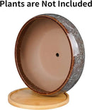8 Inch Ceramic Bonsai Planter Pot, Glazed Shallow Succulent Planter with Drainage Hole and Bamboo Saucer for Indoor Plants, Brown by GreenHaven Gardens