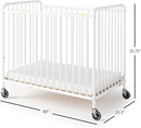 Foundations Chelsea Slatted Metal Compact Daycare Crib, 3" Casters, Compact Mini Size, Easy to Clean Durable Finish, Adjustable to Two Heights Mattress Board (White) by TinyTreasures Baby Boutique