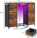 LUMTOK 55W 2-in-1 Dresser with Hanging Rack, 10 Drawers Dresser for Bedroom,Dressers with Fabric Drawers,LED Lights, Charging Station and Hanging Racks for Bedroom (Rustic Brown) by CozyNest Decor