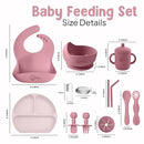 o'doe 11-Piece BPA-Free Silicone Baby Feeding Set | Thick & Soft Suction Plates, Baby Bowls, Wooden Fork & Spoon, and More | Make Mealtime Fun and Easy for Your Little One (Rose, V1) by TinyTreasures Baby Boutique