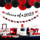 Red Black Party-Decoration Graduation Banner - 14pcs Kits Cap Garland Streamers, Paper Tissue Pom Poms Flowers Fans Honeycomb,Class Of 2025 College High School Grad Decor Hugfond by CozyNest Decor