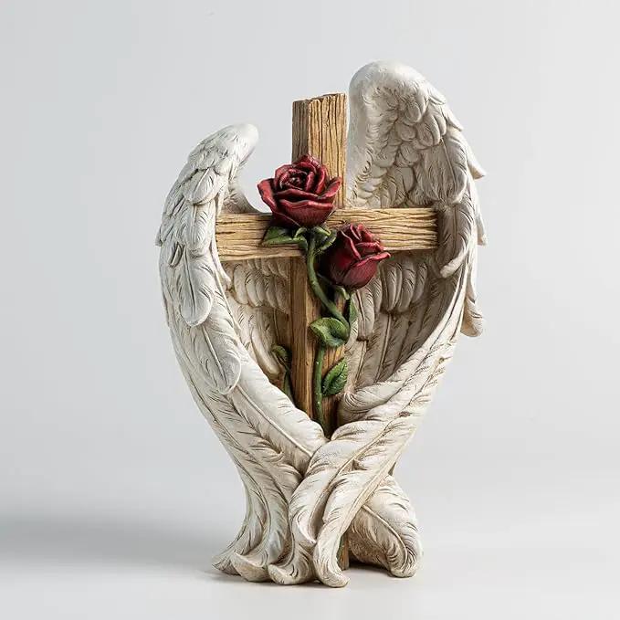 12" Angel Wings Embracing Cross and Rose Garden Statue Memorial Statue for Beloved one, photo 2 of 7