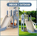 YUFU 5 in 1 Toddler Slide, Kids Slide with Climber, Basketball Hoop and Ball, Outdoor Indoor Playset for Toddlers Age 1-3 (Blue+Gray) by TinyTreasures Baby Boutique