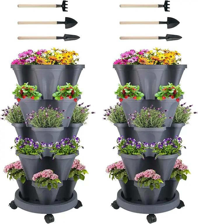 Vertical Planter 5 Tier Stackable Planters Garden Planters Strawberry Herb Flower and Vegetable Planter Indoor Outdoor Gardening Pots with Removable Wheels and Tools