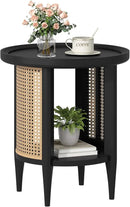Yusong Round End Table Rattan Side Table with Solid Wood Legs, Boho Style Nightstand Bedside Table with 2-Tier Shelves, Small Coffee Table for Living Room Bedroom Small Spaces Black by CozyNest Decor