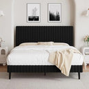 Queen Bed Frame, Velvet Upholstered Platform Bed with Vertical Channel Tufted Headboard, No Box Spring Required, Easy Assembly, Black by CozyNest Decor