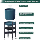 D'vine Dev Ceramic Planter with Ebony Stand - 12 Inch Modern Round Flower Pot with Wood Planter Holder, Teal, 55-B-H-4 by GreenHaven Gardens