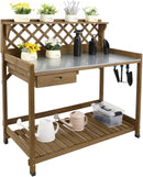 Garden Potting Bench with Metal Tabletop,Outdoor Potting Table Workstation Benches with Drawer/Storage Shelf，Fir Wood Potting Station Work Table with Open Shelf,Lattice Back (Brown) by GreenHaven Gardens