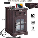 Farmhouse XXL End Table with Charging Station, Side Table with USB Ports and Outlets, Nightstand with Drawer and Glass Door Storage, Cherry Bedside Tables for Living Room, Bedroom, Office by CozyNest Decor