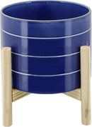 Sagebook Home 8" Planter on Stand - Ceramic Planter on Wooden Base - Contemporary Blue and White Striped Design Indoor or Outdoor Plant Stand Decor by GreenHaven Gardens