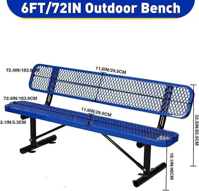 Heavy Duty Park Bench with Back Portable Frame, Outdoor Metal Park Bench with Backrest, Steel Mesh Outdoor Bench for Garden, Lawn, Patio, Porch, Park, Yard (Blue, 72.4" L x 23.2" W x 32.5" H), photo 2 of 7