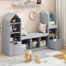 Vabches Toy Storage Organizer for Kids Bookshelf with Reading Nook, Multifunctional Bookcase with 7 Storage Cubbies, 2 Movable Drawers and Seat Cushion for Keeping Kids' Toys Books Organized, Grey by CozyNest Decor