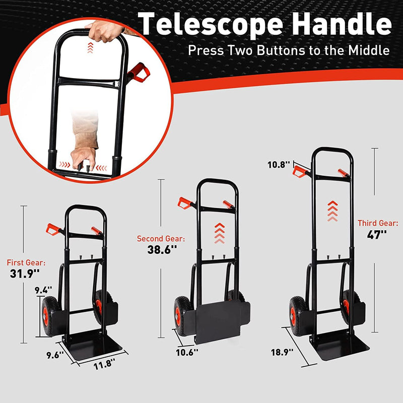 Heavy Duty Hand Truck Dolly Cart Trolley Cart with Telescope Handle & 9.4" PU Wheels, 440 Pound Capacity