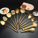 304 Stainlss Steel Matte Kitchen Utensils Set, 12 Pcs Long Metal Cooking Utensil Gadgets Tools Set with Spatula, Ladle, Spoon, Ladle, Skimmer, Tunner, Pasta Server, Tongs(Gold, Dishwasher Safe) by CozyNest Decor