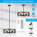 XINGQI 21.7'' Modern Chandelier, Farmhouse Drum Chandeliers for Dining Room Living Room Bedroom 5-Light Pendant Lighting Round Black Metal Antique Wood Grain Finish Adjustable by CozyNest Decor