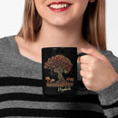 Custom Name Coffee Mug 11oz 15oz, Unique Nature Inspired Coffee Cup for Women, Personalized Vibrant Nature Themed Black Cup, Artistic Tree Ceramic Mug, Gifts for Women's Day by CozyNest Decor