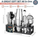 HMYBAR® Mixology Bartender kit | Cocktail Shaker Set | Boston Shaker Set, 20/28 OZ | Martini Making Set for Home Bar. Total 31 pcs incl 39-Recipe Cocktail Cards. Silver Tools. Bamb Stand Black Color by CozyNest Decor