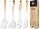 Silicone Cooking Utensils Set, Perfectly Angled for Frying, Mixing,Serving,Draining,Turning and Stirring, BPA-Free Matte Silicone, Wood Handles, Safe for Nonstick Cooking Surfaces,4 Pack (White) by CozyNest Decor