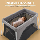HARPPA Travel Crib with Comfy Mattress, Lightweight Portable Crib Requires No Assembly, Foldable Pack and Play for Baby and Toddlers, Compact Play Yard with Bed,Gray by TinyTreasures Baby Boutique