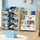 Kids Toy Storage Organizer - Toy Storage with Kids Bookshelf, Toy Organizer with 12 Blue Bins and 4 Book Shelves, Toy Organizers and Storage for Playroom, Nursery, Kids Room, Burlywood by CozyNest Decor