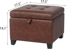 Adeco Faux Leather Storage Ottoman Bench with Wood Legs, 17.7" Square Red and Brown PU Cube Foot Stool, Upholstered Button Tufted Vanity Chair with Hinged Lid for Living Room, Bedroom, Dorm