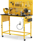 47" Heavy Duty Adjustable Workbench with Power Outlets, Pegboard & Locking Wheels - 2100LB Capacity Garage Work Table, Compatible with DeWalt Battery, Reinforced Steel Frame for Workshop & Home Use