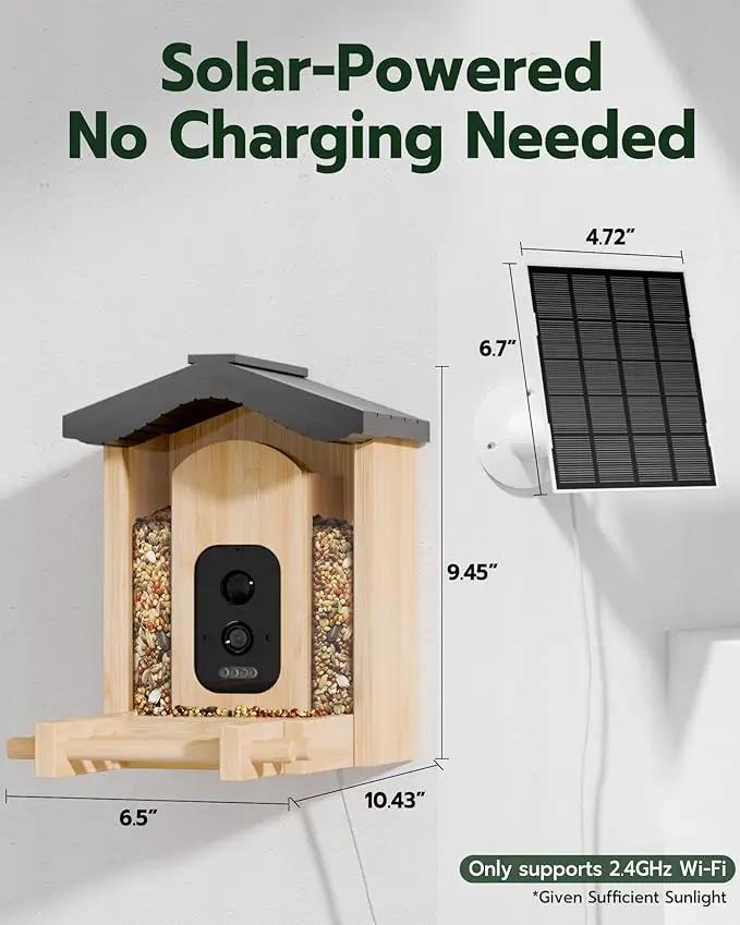 Bird Feeder with Camera, Smart Bird Feeder for Outdoors, Wild Birds Feeders with Solar Panel Bamboo Birds House Camera for Birdlovers, AI Auto Capture Birds & Real-time Notification (Gable), photo 2 of 8