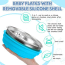 Nuogo 3 Pcs Stainless Steel Baby Suction Plates with Removable Silicone Shell 2-in-1 Metal Toddler Bowl Divided for Picky Eaters Kid Feeding Led Weaning Supply, Dishwasher Safe (Blue Series) by TinyTreasures Baby Boutique