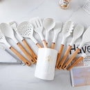 13-Piece silicone utensil set wood handle nonstick cookware safe dishwasher safe kitchen tools BPA free heat resistant (450°F/230°C) ceramic pan safe cooking gifts housewarming (White) by CozyNest Decor