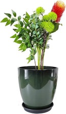 FixtureDisplays® Garden Green Plastic Round 11.8 Inches Diameter 11.8 Inches Tall Planter Resin Glazed Faux Ceramic Flower Pots Drainage Hole with Saucer Decorative Pot 15675-NF by CozyNest Decor