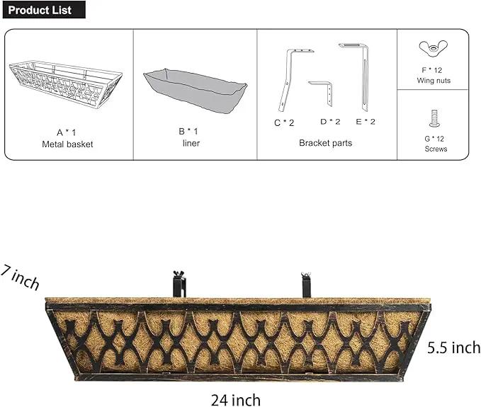 Window Boxes Planters: 2 Pack 24 Inch Railing Planter Box with Adjustable Brackets for Porch Fence Patio Balcony Hanging Flower Baskets with Coco Liners for Outdoor Garden Decor - Bronze, photo 7 of 7