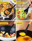Silicone Kitchen Utensil Set for Non Stick Cookware, 7 Pcs Heat Resistant Cooking Utensils with Wooden Handle, BPA Free Kitchen Tools with Spatulas, Spoons, Skimmer and Pasta Fork (BLACK) by CozyNest Decor