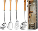 Pleafind 4-Pcs Cooking Utensils Set, Stainless Steel Kitchen Utensils with Wooden Hanlde, Kitchen Essentials Set Include Wok Ladle, Slotted Spoon, Wok Spatula and Slotted Spatula, Dishwasher Safe by CozyNest Decor