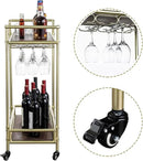 MyGift 2 Tier Rolling Bar Cart, Vintage Brass Tone Metal Cocktail and Wine Trolley with Burnt Wood Shelf Trays, Wine Glass Stemware Holder Rack and Lockable Wheels by CozyNest Decor