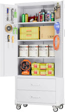 Aobabo 2 Large Drawer Metal Storage Cabinet with Wheels, Lockable Steel Storage Cabinet with 3 Adjustable Shelves with 6 Hooks for Home, Office, Garage, Classroom, White, Assembly Required by GreenHaven Gardens