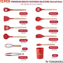 Silicone Cooking Utensils Set, Premium Beech Wood Handle Kitchen Gadgets Utensil Set, Non-Stick Kitchen Utensils Spatula, Tongs, Turner, Whisk, Brush, Spoon, BPA FREE, 446°F Resistant (Red) by CozyNest Decor