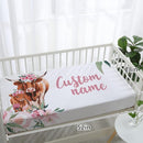 Personalized Nursery Crib Bedding Set: Custom Name Pink Flower 5 Piece Baby Crib Sets with Highland Cow Pattern - Toddler Double Layer Blanket Set, Comfortable Crib Bed Sheets for Baby Grils by TinyTreasures Baby Boutique