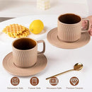 Large Cappuccino Cups with Saucers Set of 4, 8 Ounce Stackable Embossed Ceramic Coffee Mugs for Specialty Coffee Drinks, Latte, Cafe Mocha and Tea, Dishwasher & Microwave Safe (Brown) by CozyNest Decor