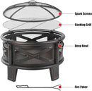 Breezz 26 Inch Wood Burning Fire Pit with Cooking Grill and Spark Screen, Outdoor Metal Round Firepit for Patio, Backyard, Bonfire Party, Camping by GreenHaven Gardens