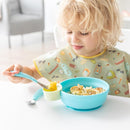 Bumkins Toddler Utensils, Kids Size Fork and Spoon Set, Silicone and Stainless-Steel Training Silverware, Angled Forks / Sporks for Self-Feeding, Children Hold Learning to Eat, 18 Months Up, Blue by TinyTreasures Baby Boutique