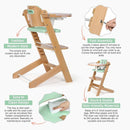 Cowiewie Natural Wooden High Chair for Babies & Toddlers 3-Tier Remove Adjustable Tray and Highchair with Cushions, Easy to Clean, Portable(Green) by TinyTreasures Baby Boutique