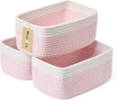Small Storage Baskets for Organizing | Closet Organizer Bins | Shelf Toy Basket | Woven Rope Baskets | Cube Decorative Box | Shallow Basket | 11.5x7.5x4.7” | 3 Packs White Pink by TinyTreasures Baby Boutique