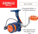 Zebco Wilder Fishing Reel and Rod Combo, 4'3" Durable Fiberglass Rod with Built-In Carabiner, Patented No-Tangle Reel, Pre-Spooled with 6-Pound Zebco Cajun Fishing Line, Blue/Orange by TinyTreasures Baby Boutique