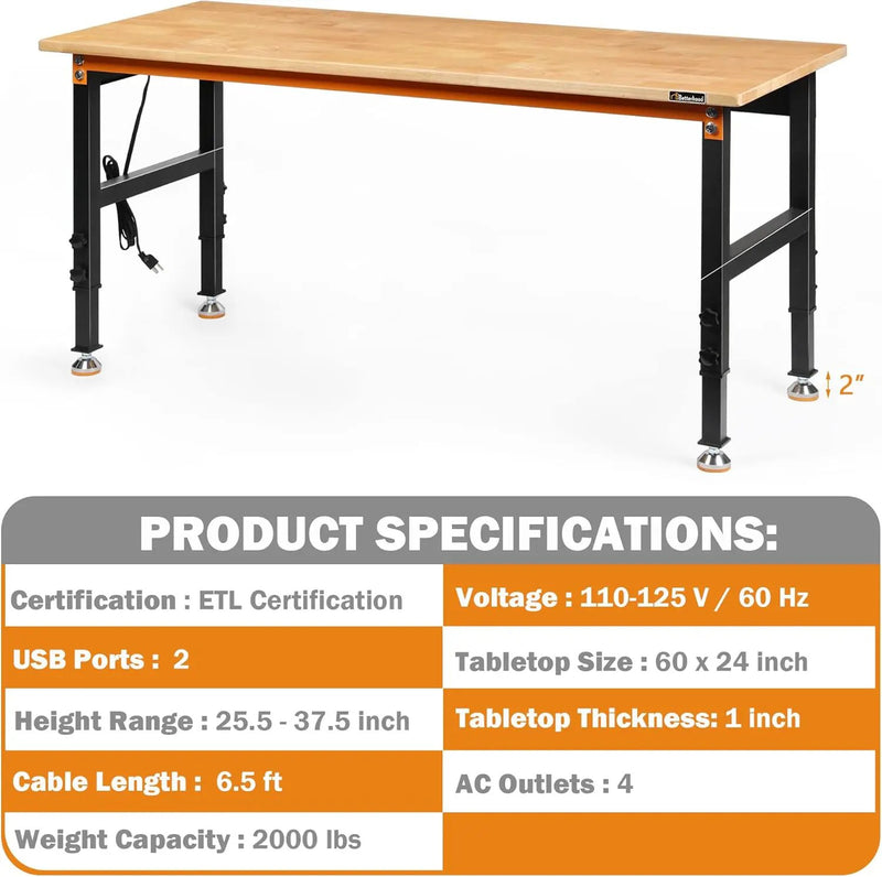 Adjustable Height Workbench, 60" Rubber Wood Top Heavy Duty Workstation with Power Outlets, 2000 LBS Load Capacity Hardwood Worktable for Workshop, Garage, Office, Home, Commercial, photo 4 of 6