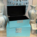 Galt International Large & Small Decorative Storage Box w/Hinged Lid - Classic Design Wood Decor Boxes with Geometric Opening Clasp - Storage for Bedroom and Home - Set of 2 (Blue) by CozyNest Decor